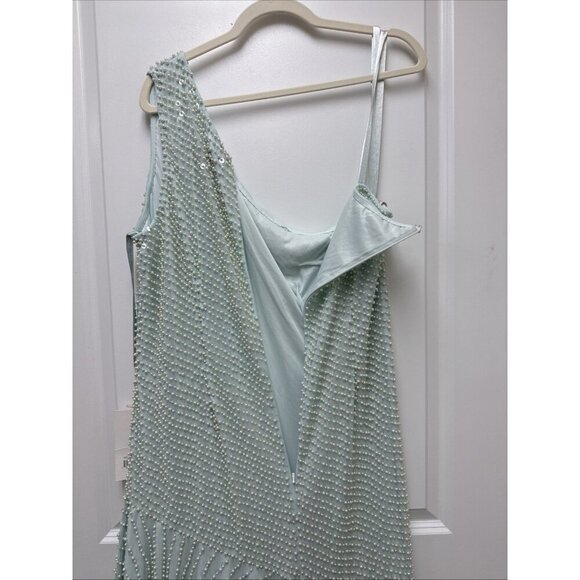 MAC DUGGAL Size 16 Green 93741 ONE SHOULDER Pearl Sequin Midi GOWN Formal Dress - Picture 8 of 10
